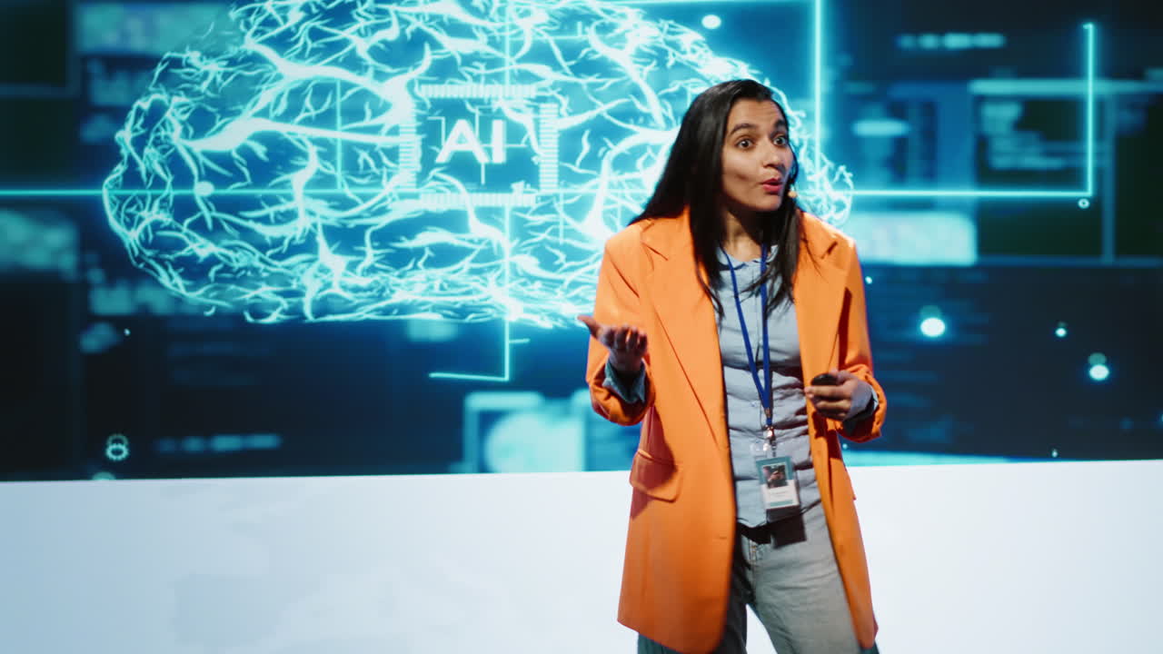 Speaker talking with audience on stage at AI conference