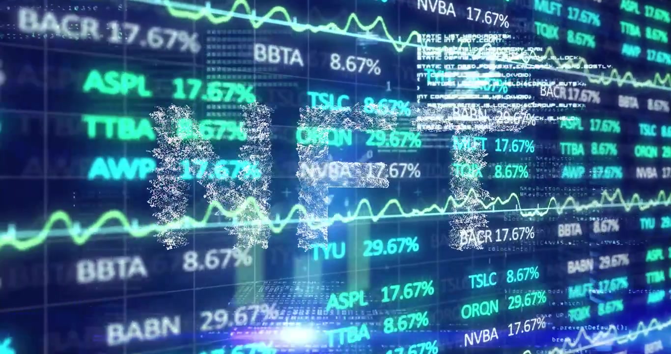 3D particle letters HF floating over stock dashboard, showing neon green graph and code snippets