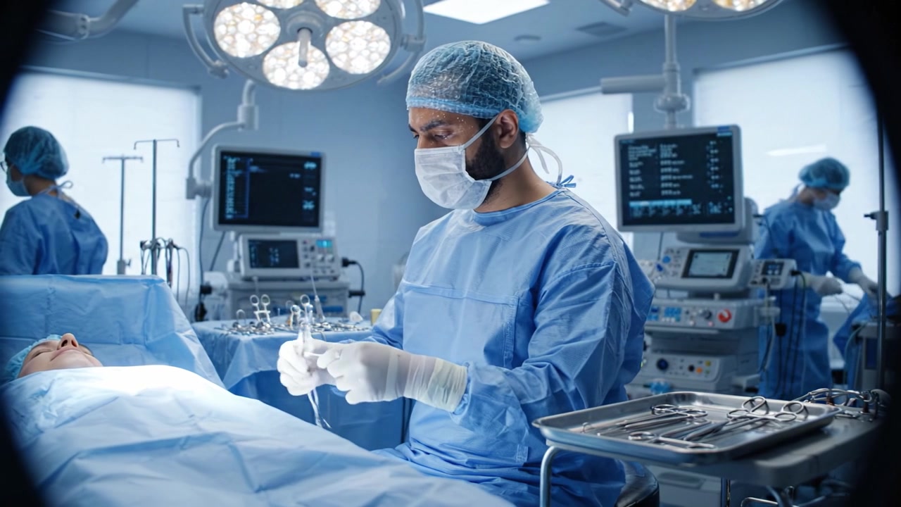 Surgeon in Scrubs Performing Operation Under Surgical Lights in a Medical Theater, Focusing on Patient Care and Precision in a High-Tech Operating Room Setting