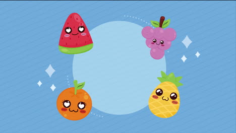 frutas frescas alrededor de los personajes de animación kawaii