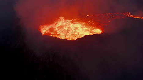 Aerial-view-of-boiling-lava-in-active-volcano-crater.-Close-up-of-magmatic-hell.-Fagradalsfjall-volcano.-Iceland,-2021