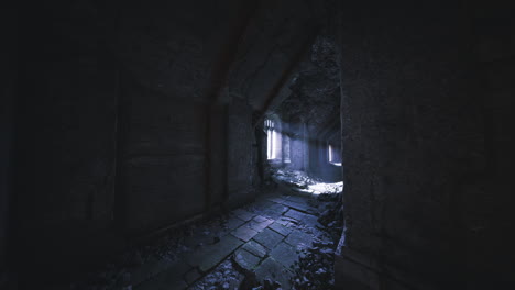 mysterious dark corridor with light streaming through a window