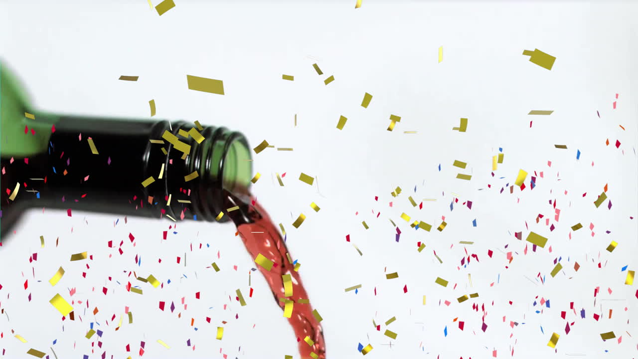 Versare vino rosso da una bottiglia con animazione di coriandoli