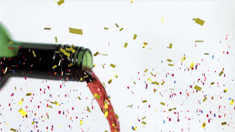 vertiendo vino rojo de la botella con animación de confeti