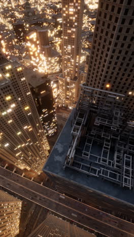 vista aérea de una ciudad por la noche con sitio de construcción en la parte superior de un rascacielos