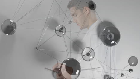 network connections and data processing animation over man using tablet