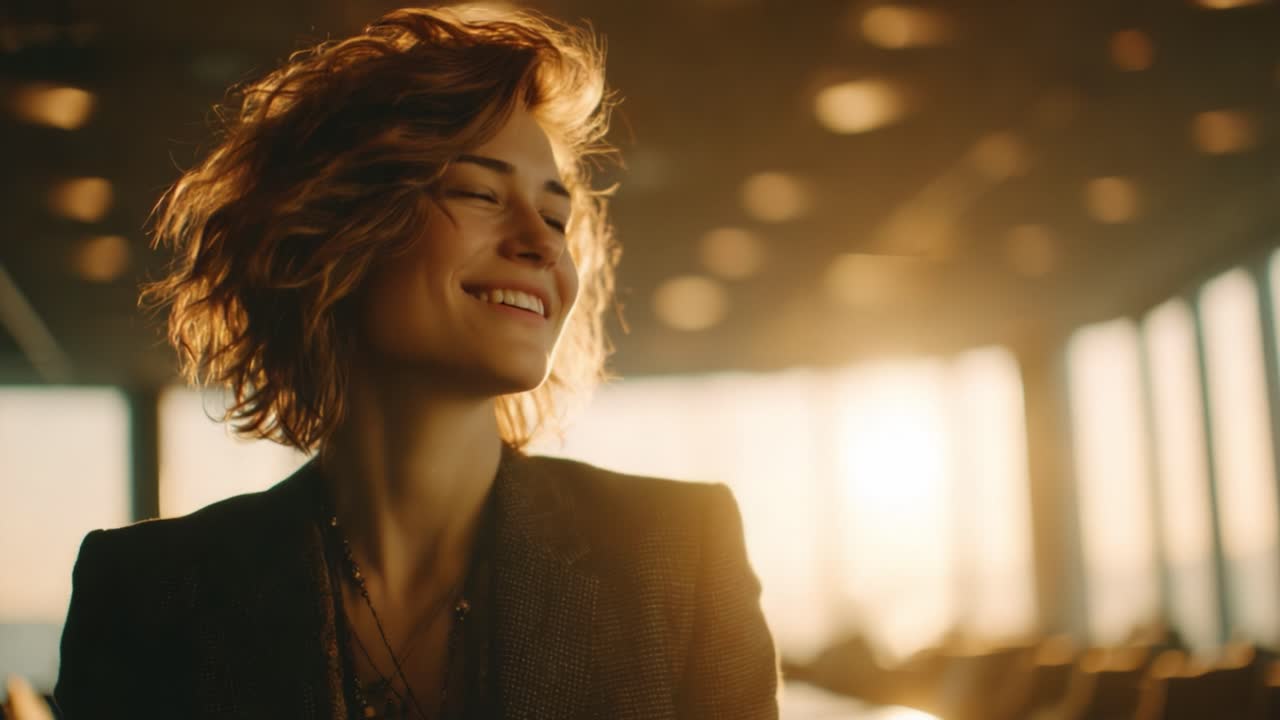 Elegant Woman Smiling in Sunlit Modern Space, Capturing a Moment of Joy Amidst Contemporary Architecture and Warm Ambient Light
