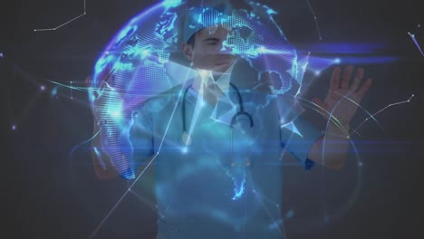 animation of globe and network of connections over caucasian male surgeon