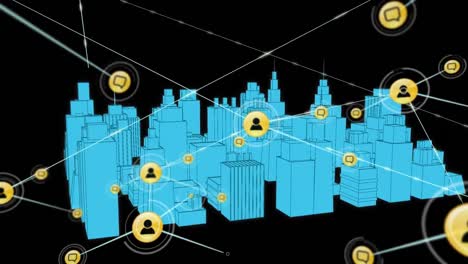 animation of network of connections with icons over 3d architectural drawing of city in background