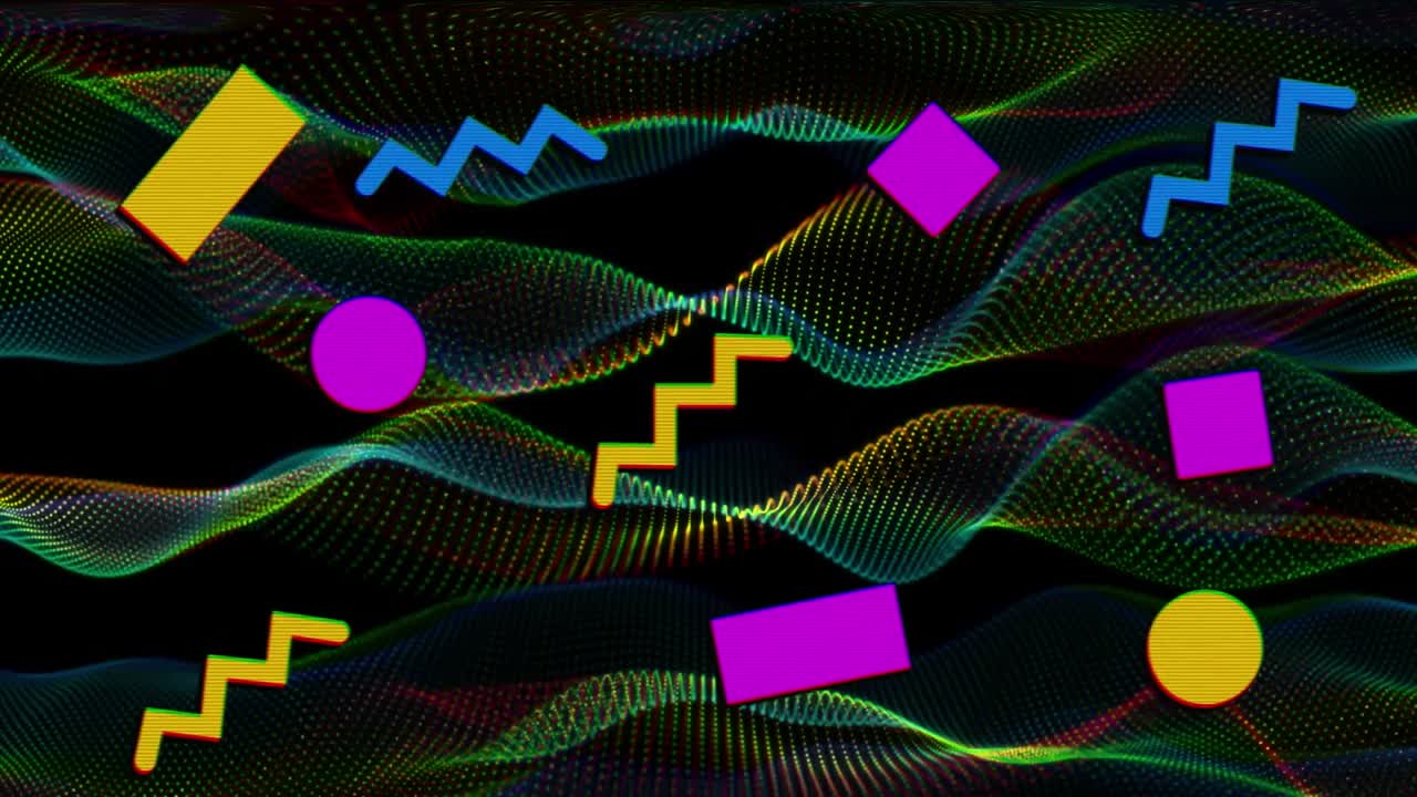 Animation of colorful abstract shapes, colorful digital waves against copy space on black background