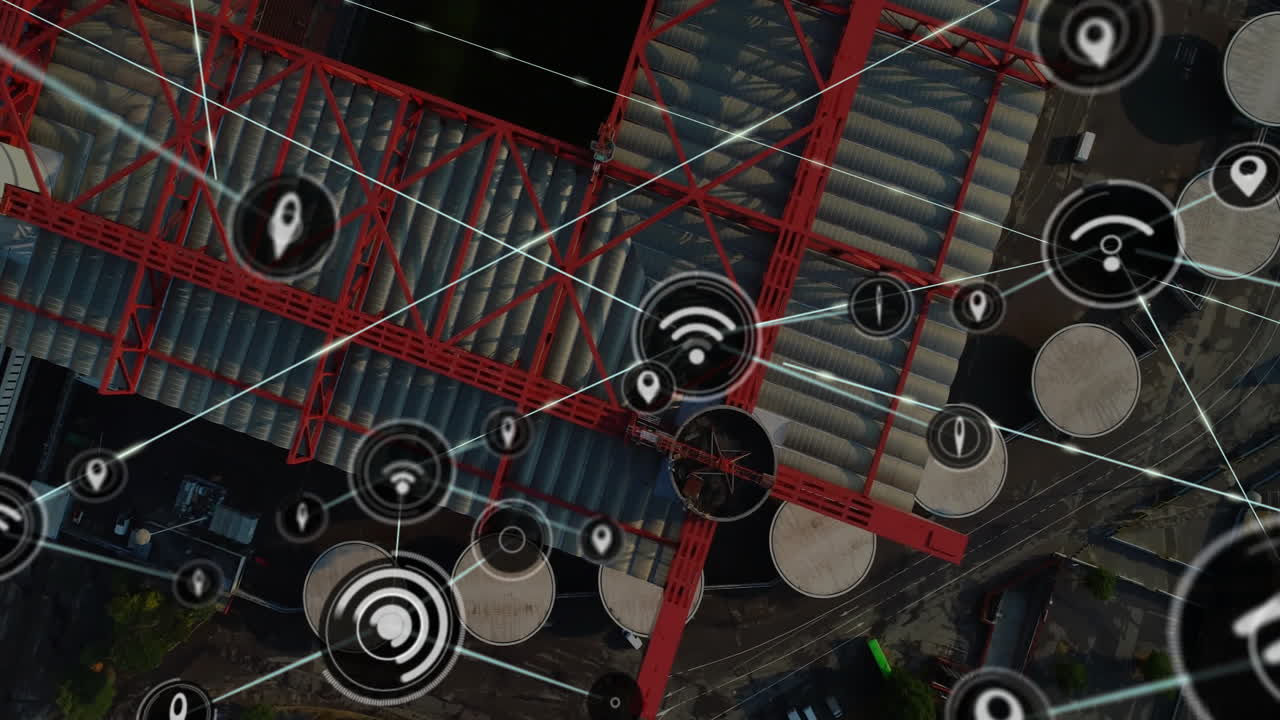 Network of connections and data processing animation over industrial structures