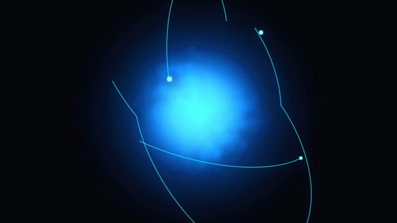 Abstract Animation of Glowing Blue Atom with Orbiting Particles