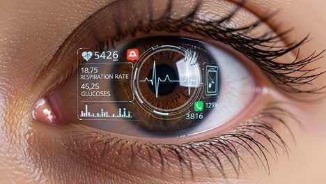 futuristic eye monitoring system displaying vital health statistics: respiration rate, glucose levels, and heartbeat analytics in an enhanced augmented reality view
