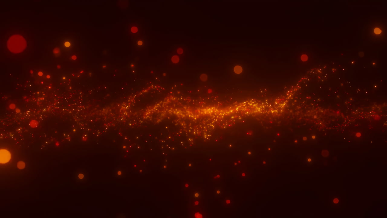 Glowing Golden Particles Sweeping Across Dark Red Background, Floating Bokeh Lights, Slow Motion Wave, Warm