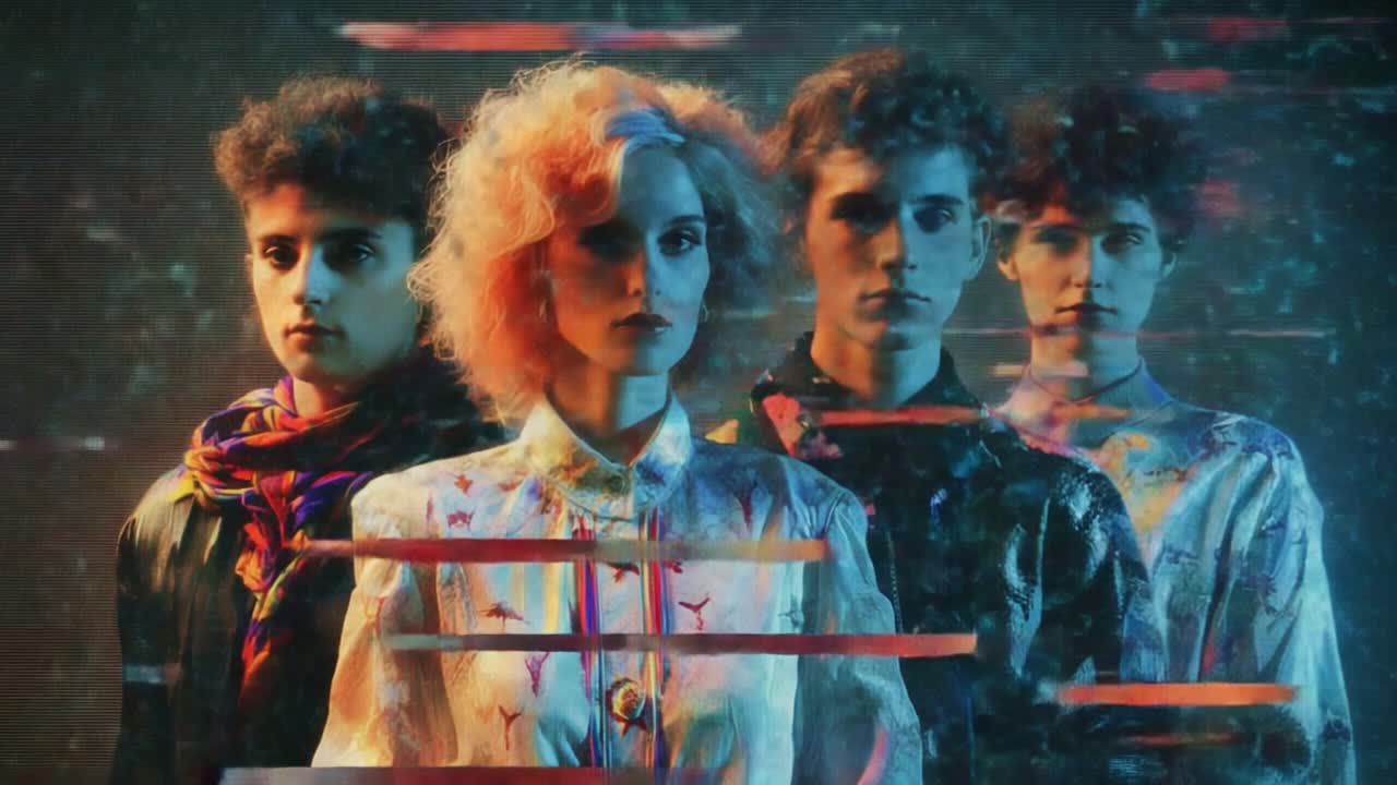 A Surreal Glitch Portrait of Four Individuals: A Vibrant Fusion of Color, Style, and Digital Distortion Highlighting the Complexity of Modern Identity and Expression