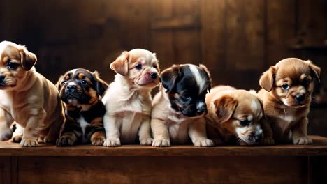 a group of puppies sitting on top of a wooden table