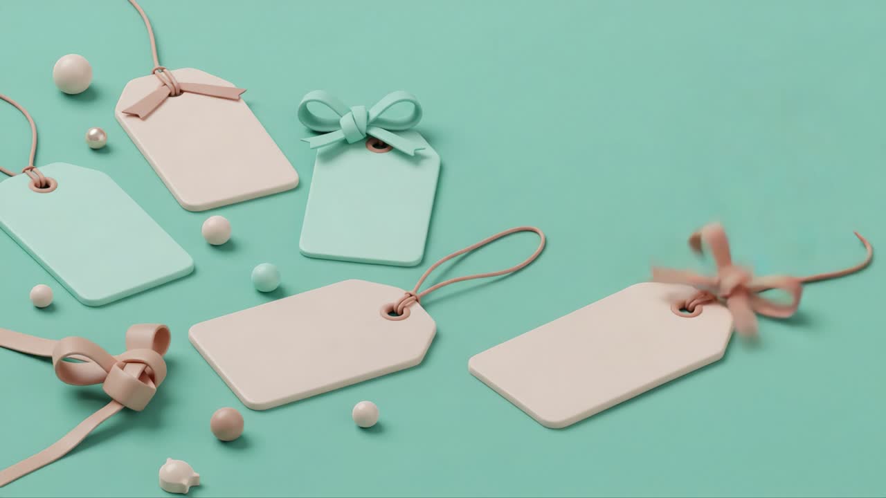 Stylish and Colorful Gift Tags Arranged Artfully on a Soft Mint Background, Perfect for Presenting Gifts with Elegance and Charm, Showing Various Designs and Decorative Elements