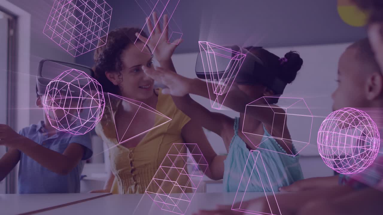 Animation of 3d shapes over happy diverse female teacher with pupils in vr headsets in classroom