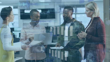 animation of financial data processing over diverse colleagues having meeting at office