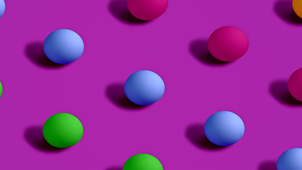 Colorful Easter Eggs rotating in rows in seamless loop on violet background.