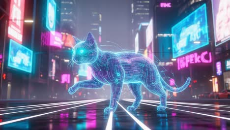 a futuristic cyber cat roams through a neon-lit urban landscape, merging technology and nature in a dazzling display of digital artistry and innovation