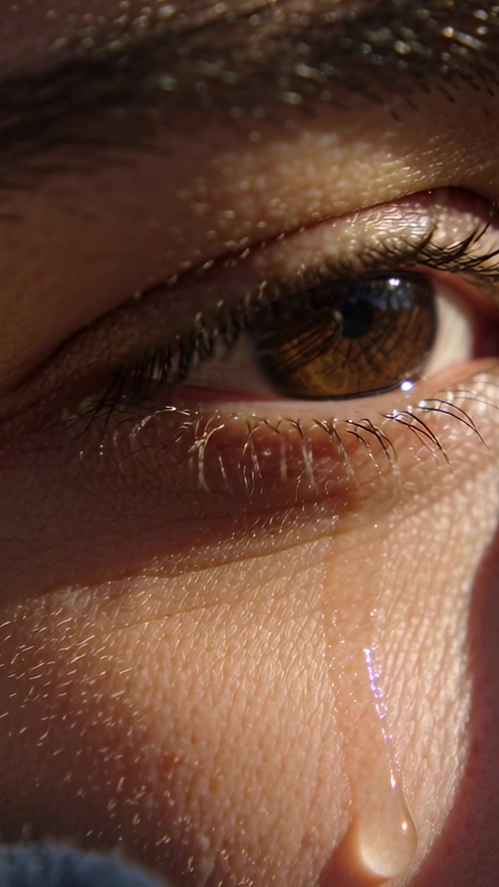 Vertical video: Shining on brown iris causing right eye forming tear leaving trail on cheek in room