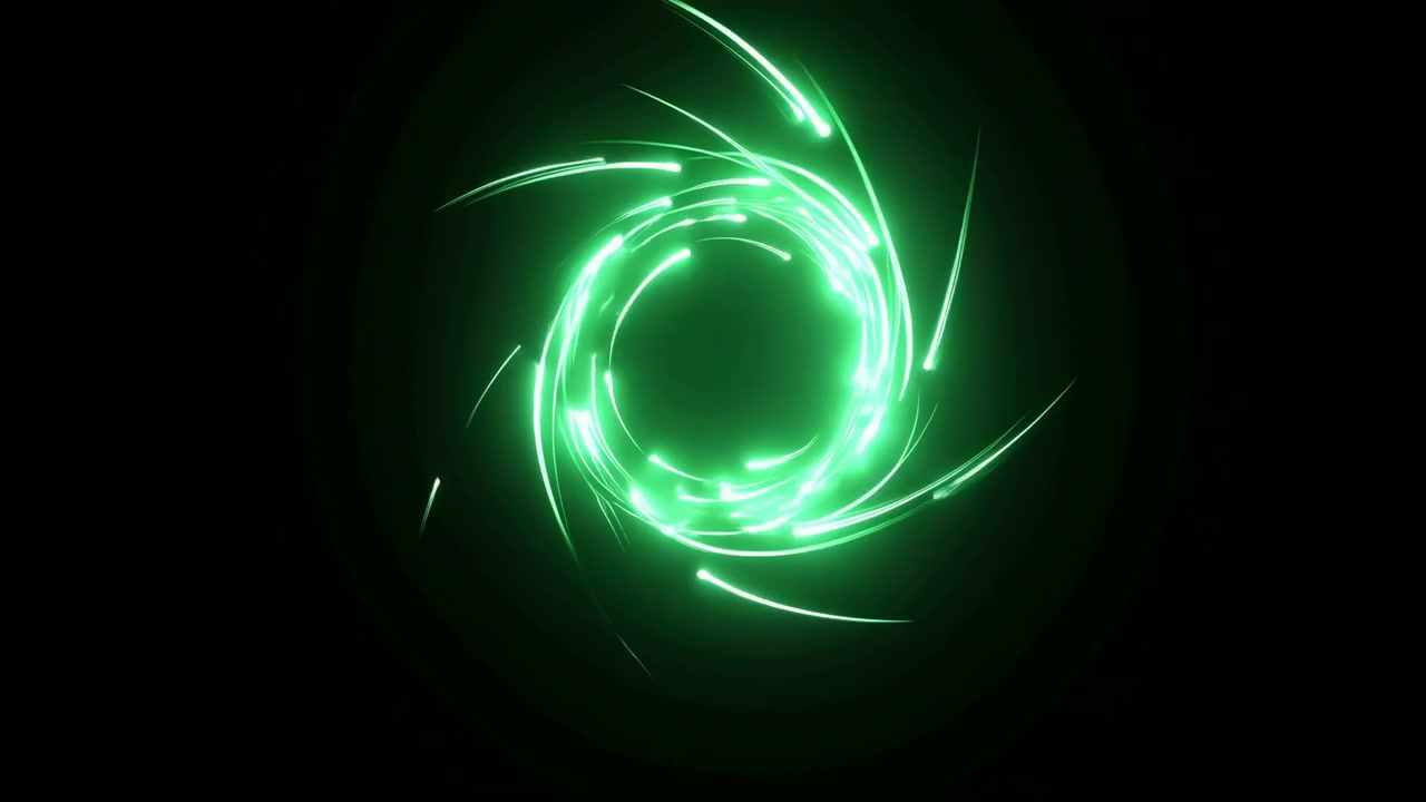 Heldergroene lichtgevende strepen en gloeiende deeltjes spiralen rond het midden van een donkerzwarte achtergrond, wat een dynamisch abstract bewegingseffect creëert met hoog contrast en een futuristische uitstraling.