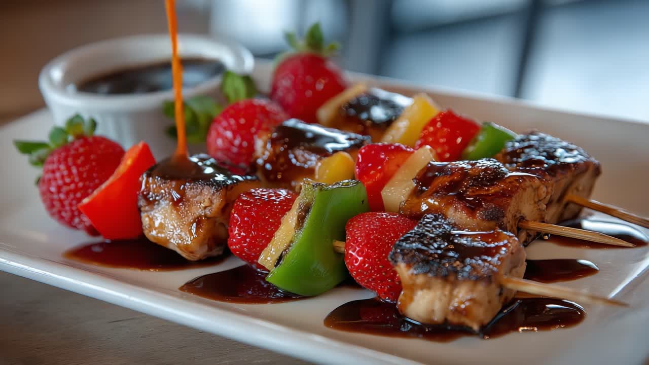 Deliciously Grilled Chicken Skewers with Fresh Strawberries and Colorful Vegetables, Drenched in a Tasty Sauce, Perfect for Summer Gatherings and Outdoor Feasts