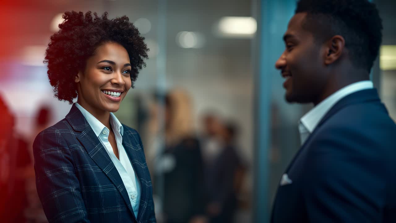 Smiling businesswoman nodding reflecting after greeting coworker in corridor with glass partitions