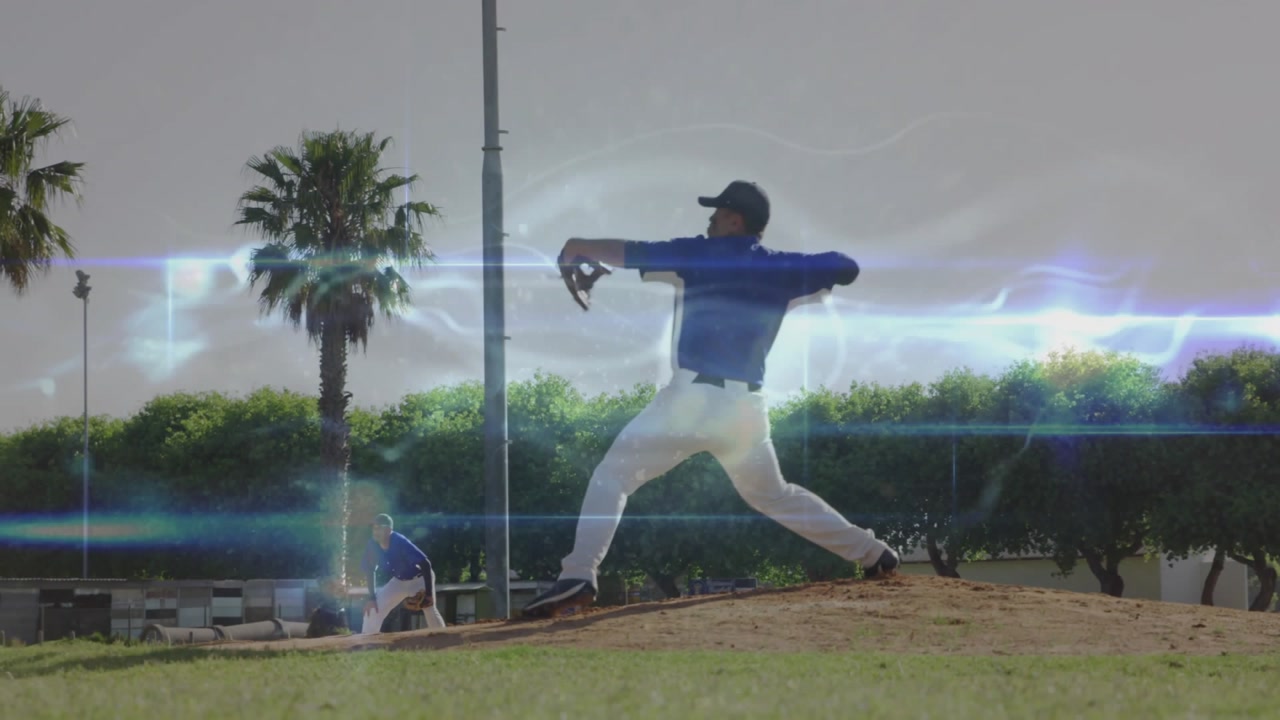 Pitcher lifting leg stepping and releasing pitch with swirling animation showing sports analysis
