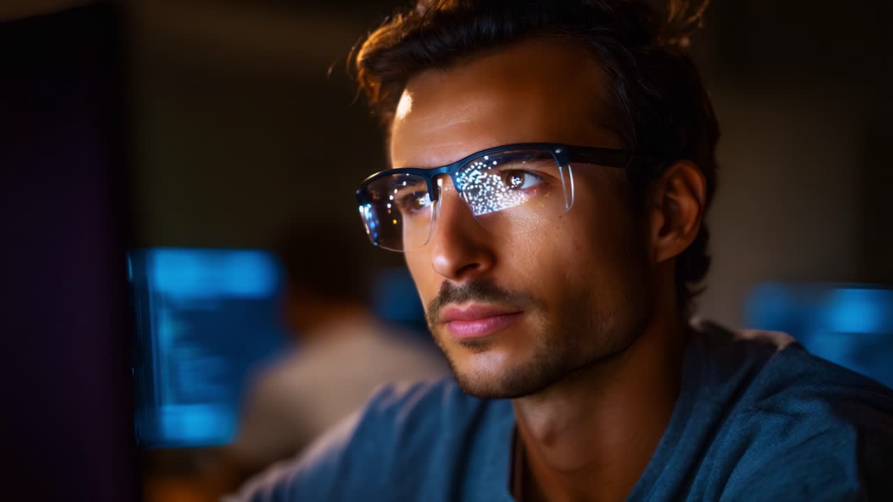 Fokuseret mand med briller, der stirrer på en computerskærm med refleksioner, fordybet i intenst arbejde, der viser koncentration og brug af teknologi i dæmpet belysning
