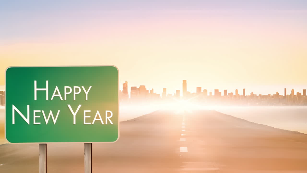 夕暮れの霧と都市風景を描いた緑色の道路標識の新年明けましておめでとうございます