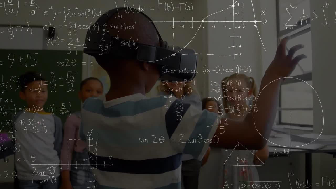 Animation of mathematical formulas over schoolboy using vr headset