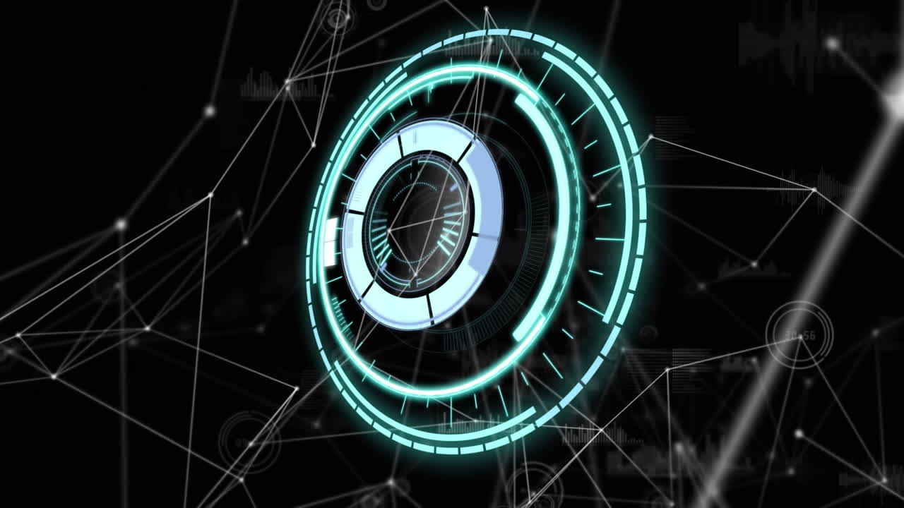animación digital del escáner redondo contra la red de conexiones sobre fondo negro