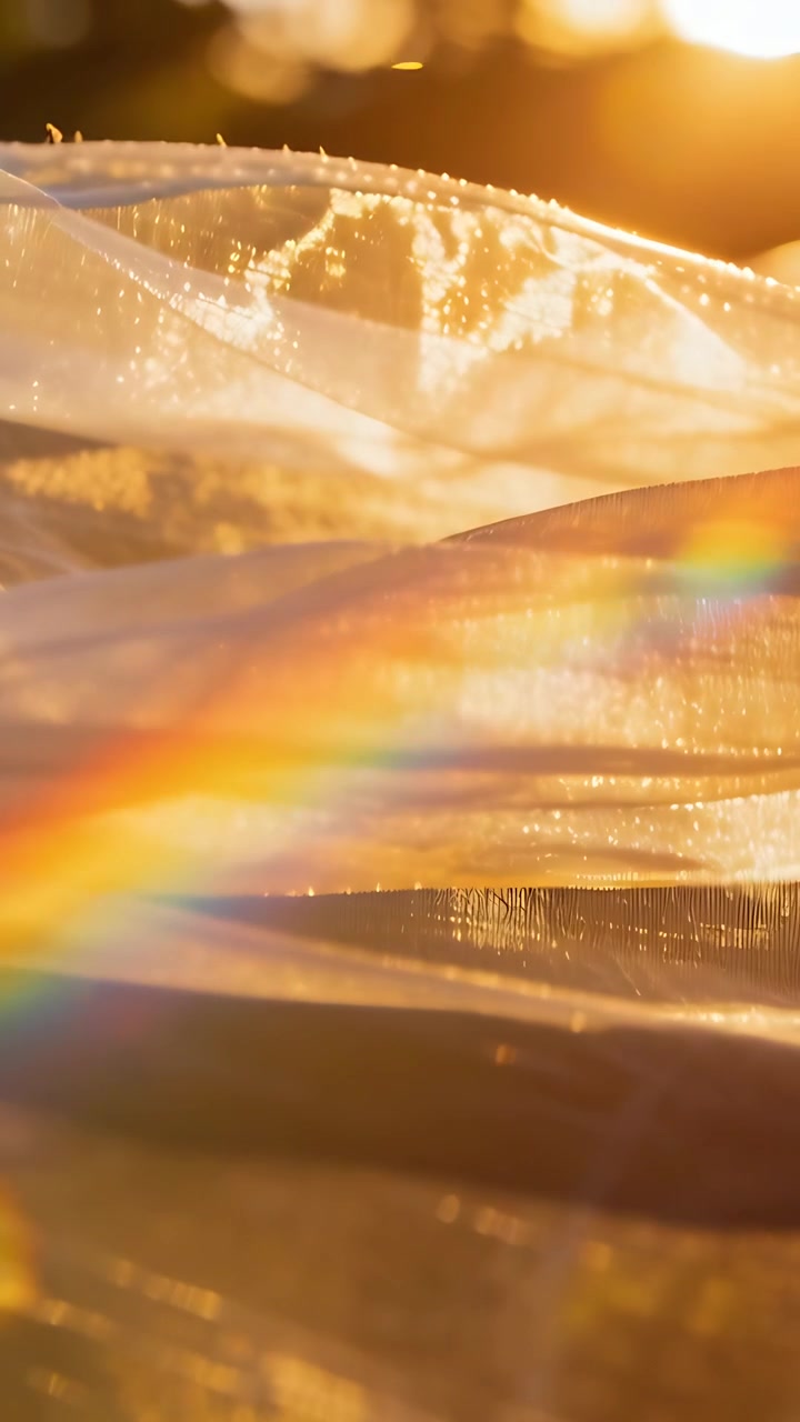Vertical video: Breeze lifting thin sheet refracting diagonal rainbow band at sunset, stirring dust