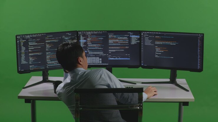 Back View Of Bored Asian Man Developer Write Code With Multiple Computer Screens In Green Screen Studio