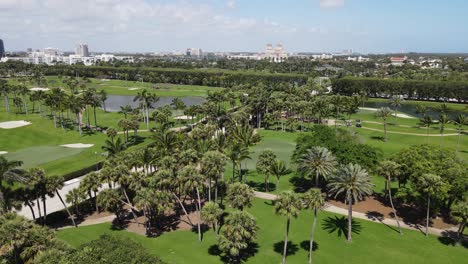 perfectly maintained golf course in west palm beach, florida drone view