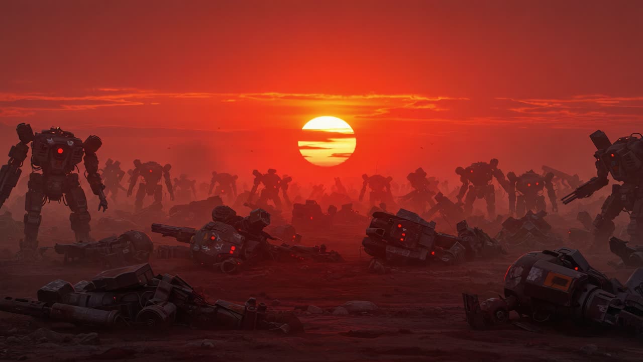 Un paesaggio distopico si rivela al tramonto, mettendo in mostra mech caduti tra robot pronti alla battaglia, a simboleggiare le conseguenze di un conflitto colossale in un mondo desolato