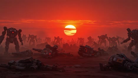 a dystopian landscape unfolds at sunset, showcasing fallen mechs among rising battle-ready robots, symbolizing the aftermath of a colossal conflict in a barren world