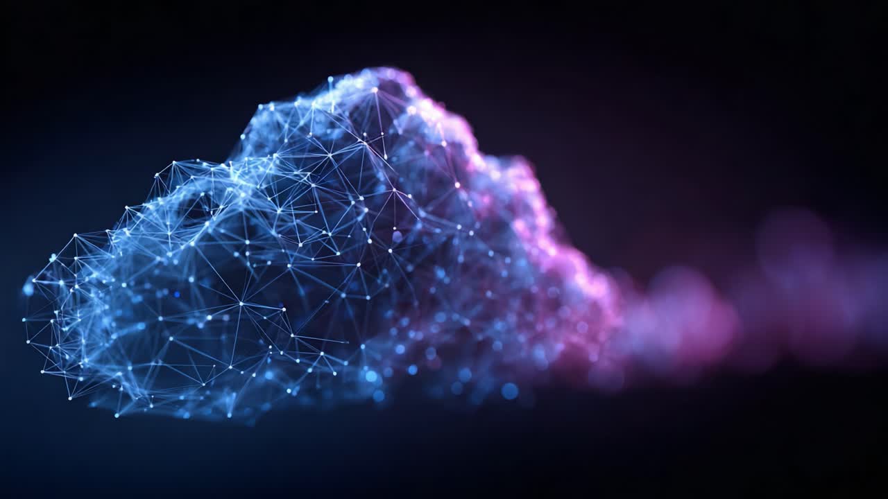 A Mesmerizing Visualization of a Cloud Structure Formed by Interconnected Nodes and Vibrant Colors in a Futuristic Design Context