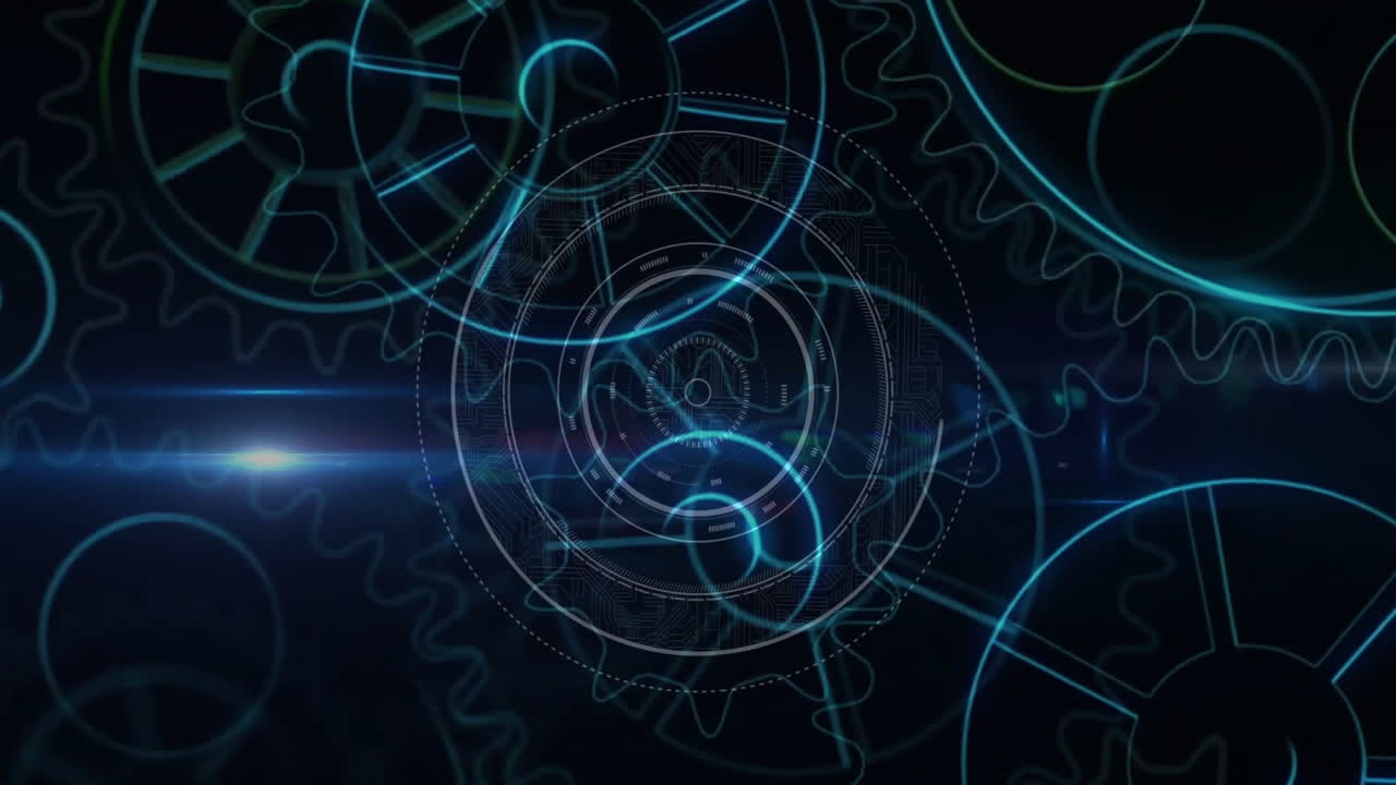 Glowing blue gears and cogs interlocking in futuristic digital animation