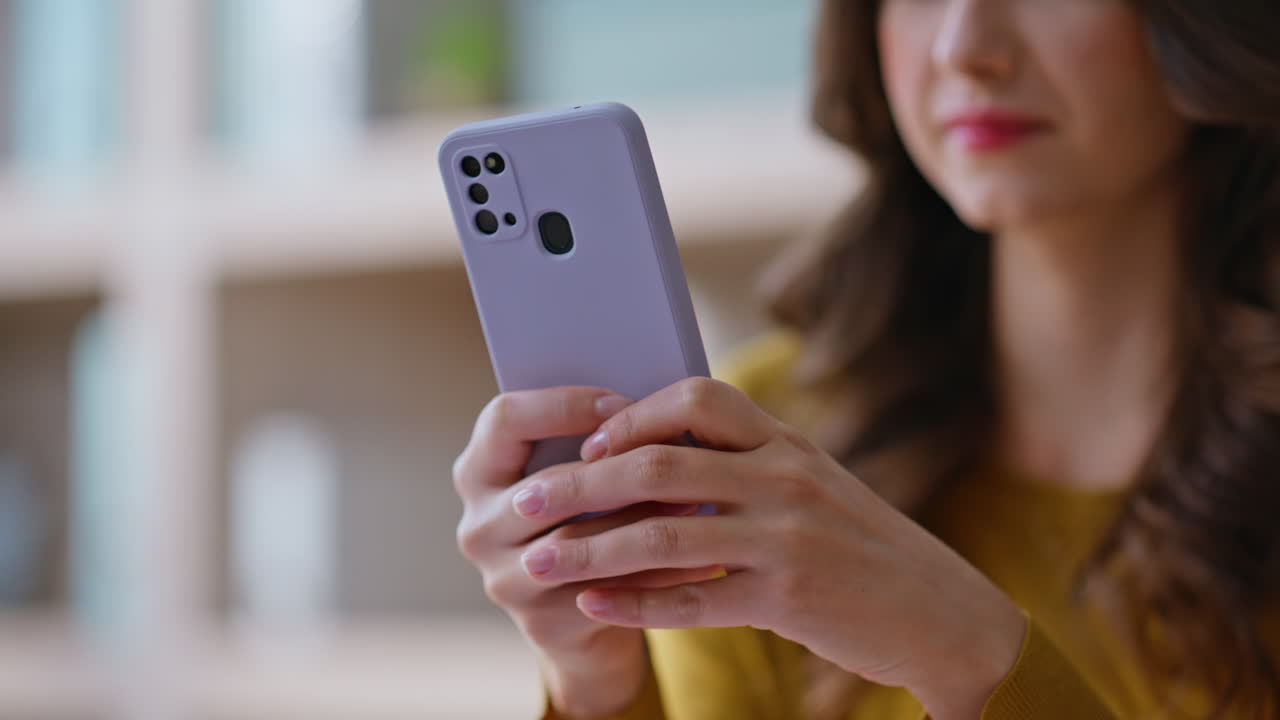 Lady hands texting mobile phone at office workplace closeup. Young businesswoman