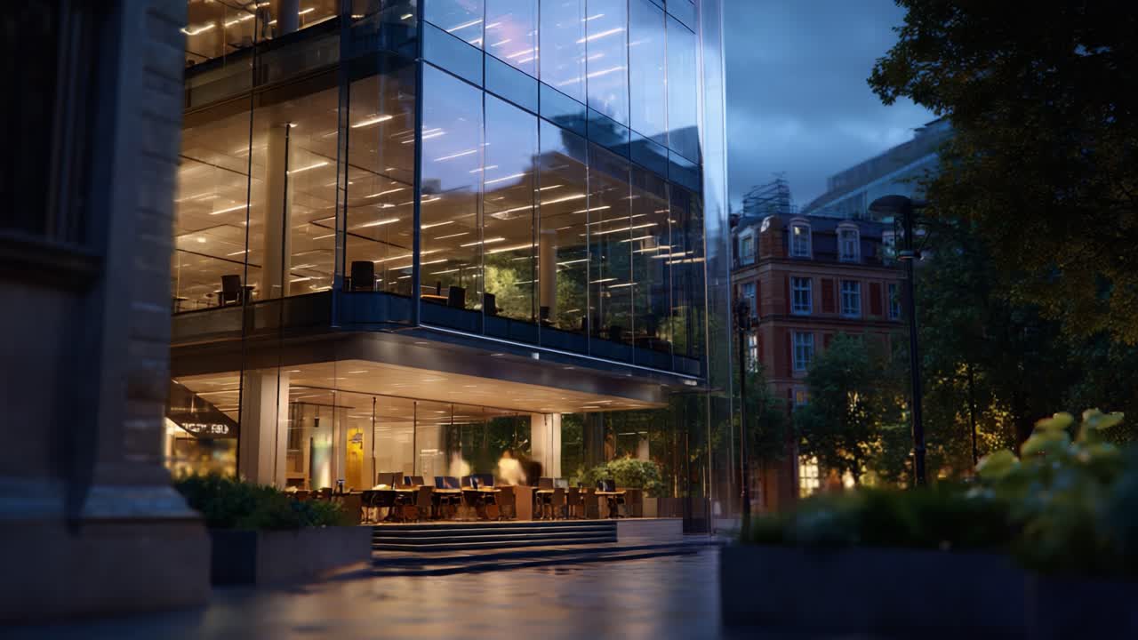 Una impresionante vista nocturna de un moderno edificio de cristal, iluminado por luces cálidas y rodeado de una exuberante vegetación, que crea un ambiente urbano acogedor al atardecer