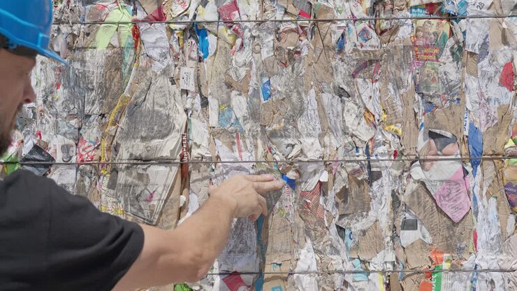 Worker controls compact bale of paper at recycling facility, static