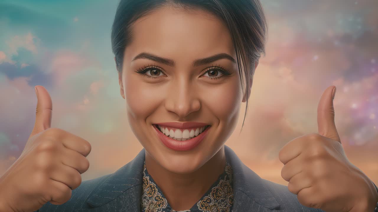 Smiling woman facing camera and raising both thumbs-up at pastel backdrop, showing praise in blazer