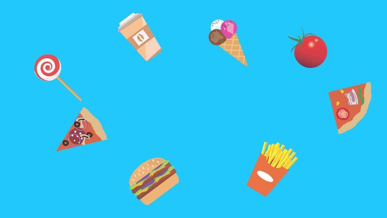 elementos de comida rápida animación en pantalla azul tecla de croma, diseño plano, fuente gráfica