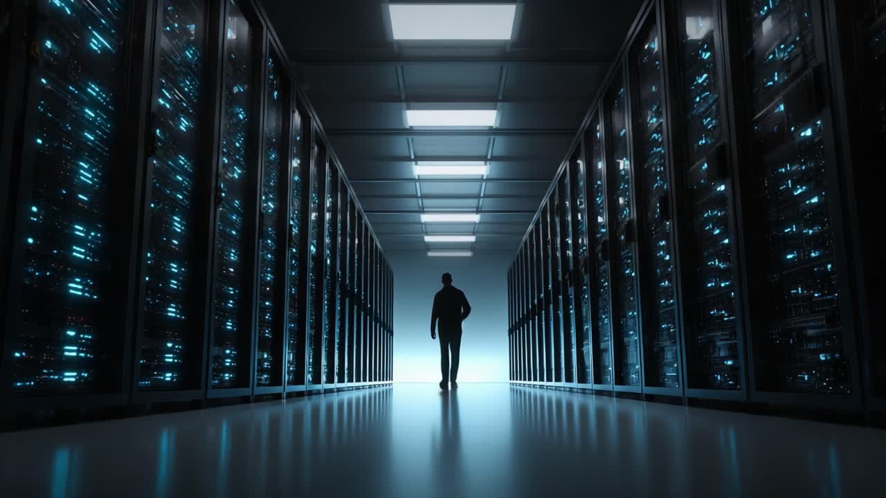Exploring the Depths of a High-Tech Data Center: A Mysterious Figure Walks Amongst Rows of Powerful Servers in an Atmosphere of Innovation and Connectivity