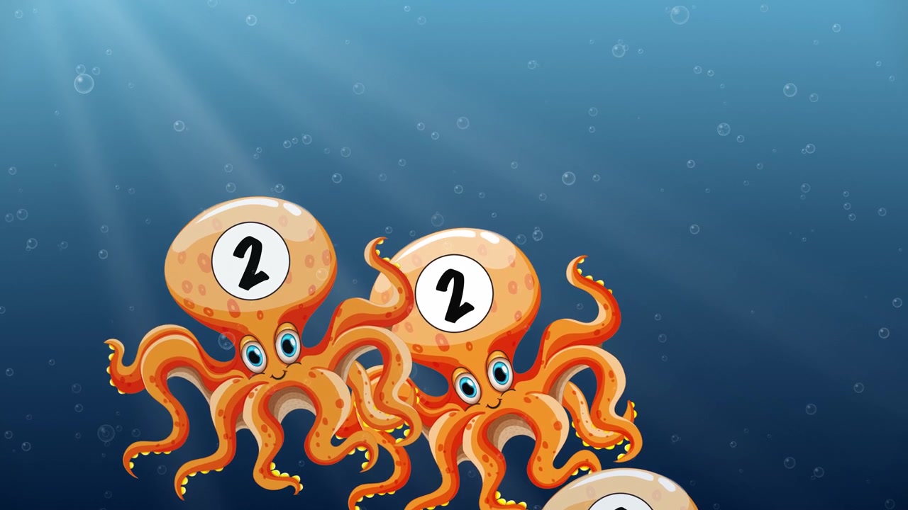 Polpi animati da cartone animato che nuotano sott'acqua con il numero due