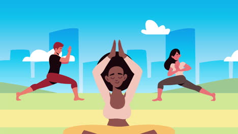 personas practicando personajes de yoga en el parque
