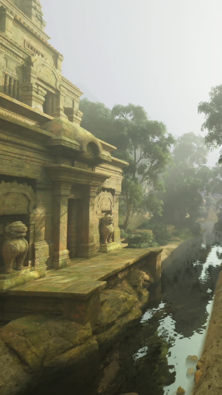 Beautiful ancient structure surrounded by water and trees in the morning fog